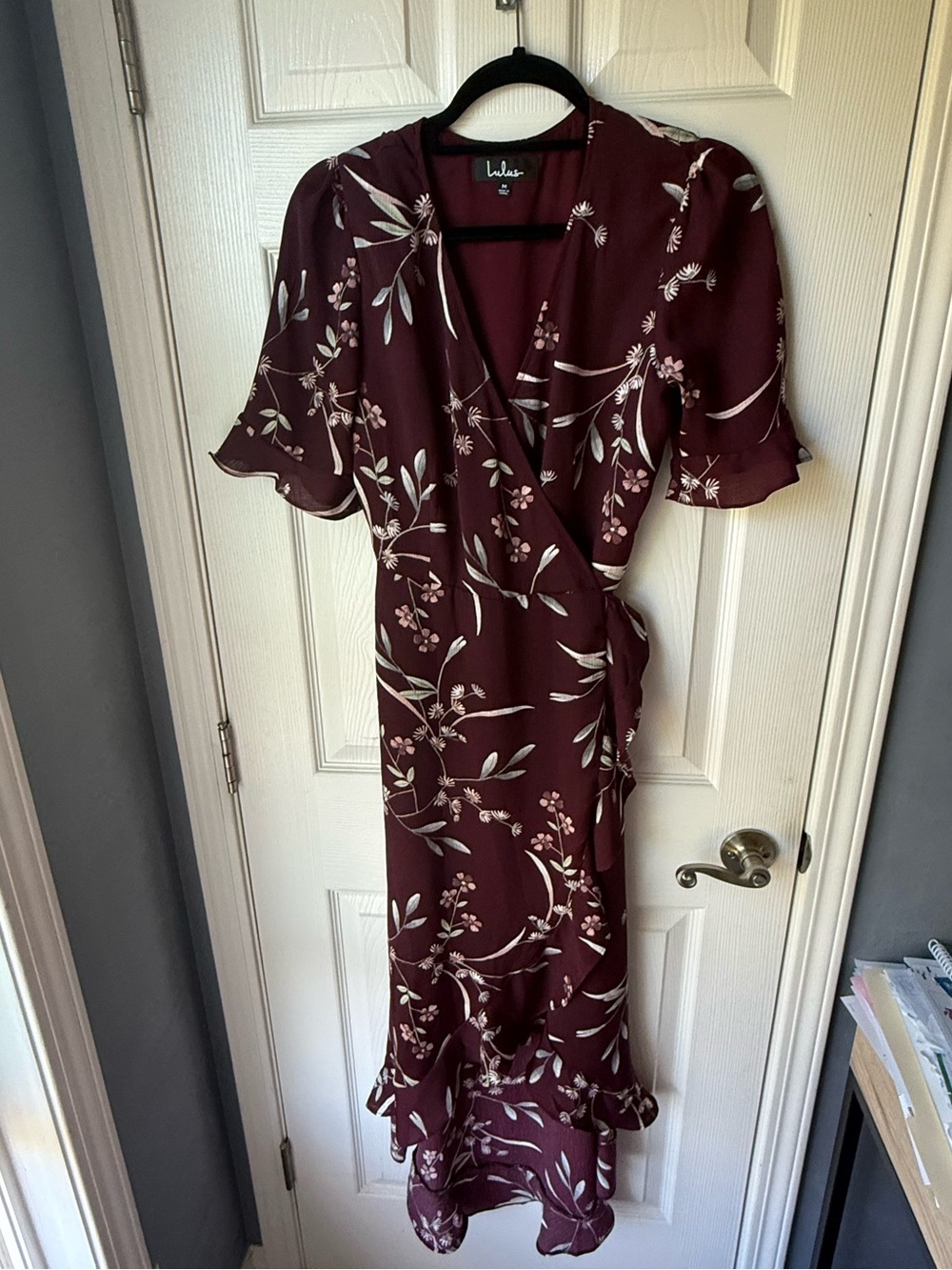 Lulu's Wine Floral Wrap Dress with Ruffle Hem